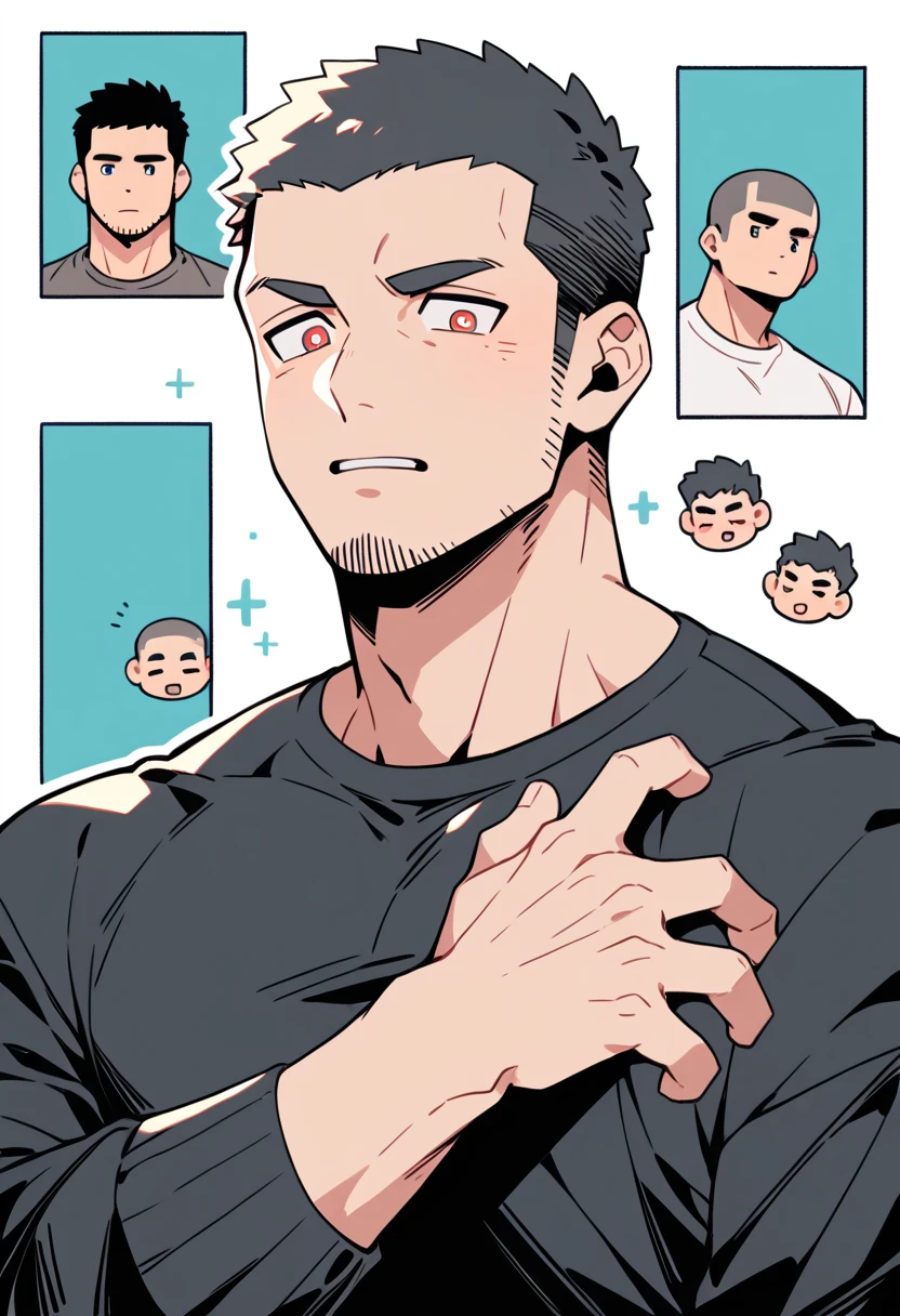 anime characters:Priapus, Muscle Sports Student, Buzz Cut, Manliness, male focus, Light Grey high collar long sleeve tight T-shirt, Very tight, full and perky chest muscles, muscular male, muscular, only, Upper body, alone, Black short hair, Thick eyebrows, stubble, Brown-red pupils, White background, simple background, amazing quality, best aesthetics, Ridiculous, crew cut, parted lips, flustered, endured face, projected inset, best quality