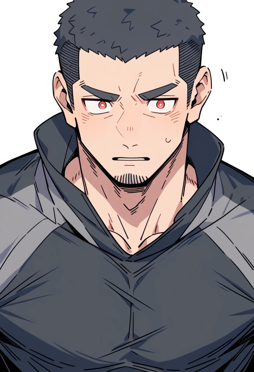 anime characters:Priapus, Muscle Sports Student, Buzz Cut, Manliness, male focus, Light Grey high collar long sleeve tight T-shirt, Very tight, full and perky chest muscles, muscular male, muscular, only, Upper body, alone, Black short hair, Thick eyebrows, stubble, Brown-red pupils, White background, simple background, amazing quality, best aesthetics, Ridiculous, crew cut, parted lips, flustered, endured face, projected inset, best quality