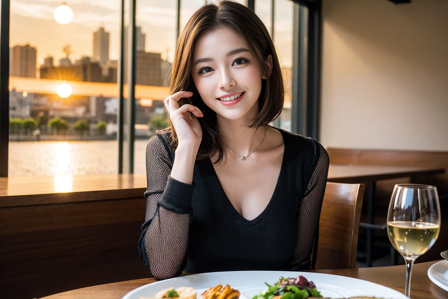((Highest quality、8K、masterpiece:1.3))、Shortcuts、cute、slimカップル、modelカップル、actress男優、(Realistic, Intricate details:1.2), full-course dinner、Wine Party、Amazing view of the sunset sky and clouds、A bright smile、short hair,Bright Face、 (Age 45), 42 years old, red wine 、Appetizers、Italian food、Wine bottle、Champagne、sparkling wine、Two beauties、Brown Hair、Shortcuts、Long sleeve shirt、dress、Beautiful woman 1, (slimな顔), (The body is slim), (Brown Hair), (Shortcuts), cheeks turn a little red,Attractive beauty、restaurant, In a prominent place (From the waist up) Nova Frog Style, actress, model, Upper Body, White wine, slim, wine glass, 中央に置かれたwine glass, smile, (smile: 1.15), Beautiful fine grain, Depth f/2,saturation, High Contrast, Strong light and shadow,Moist Body:1.5、3D texture、Delicate eyes、Brown Hair、The hair is very shiny、