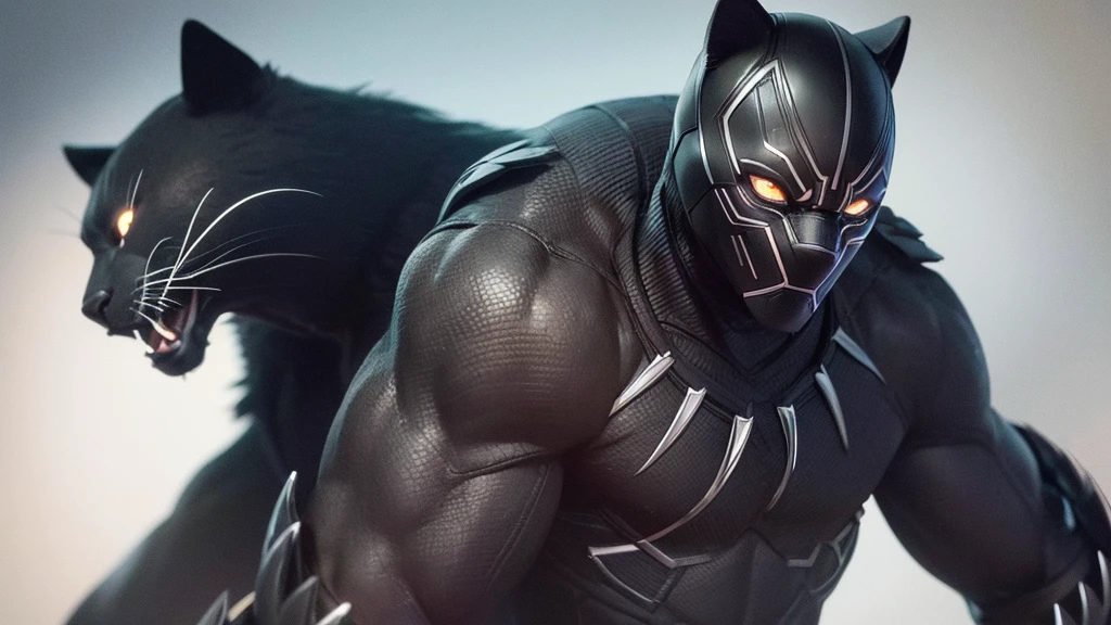 A black panther shows its teeth.. His eyes are green