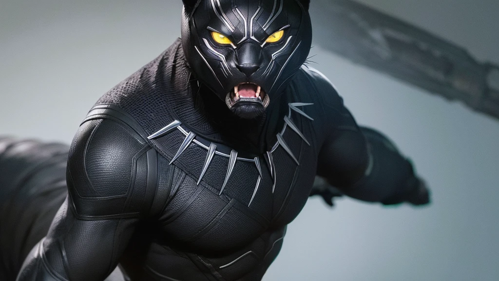 A black panther shows its teeth.. His eyes are green