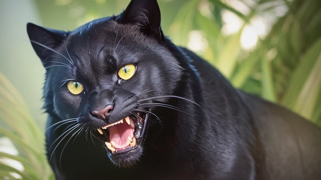 A black panther shows its teeth.. His eyes are green