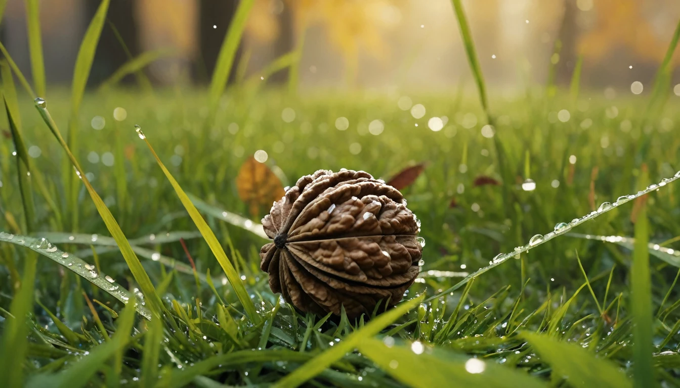 there is a walnut that is sitting on the grass, nature documentry footage, youtube video screenshot, today's featured photography 4k, autumn rain turkel, nature photography 4k, november, cinematic widescreen shot, leaves and magic, high quality screenshot, 2 0 2 1 cinematic 4 k framegrab, wide screenshot、雪が薄く積もっている