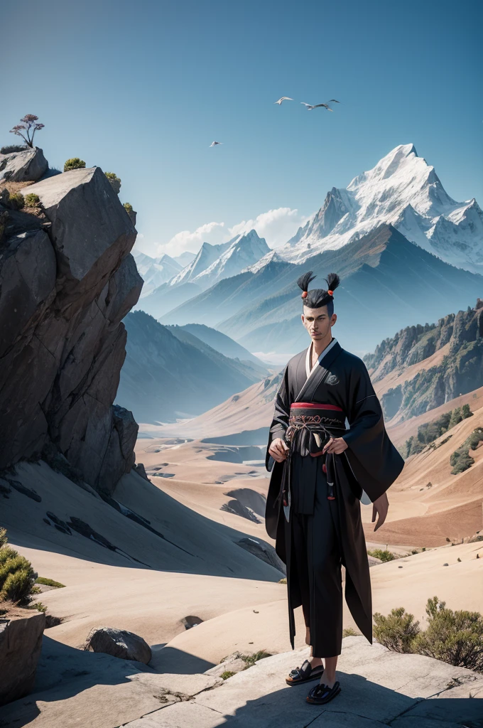Create a 3d character with a crane head (Black Heron) male human body with chinese kimono,  background mountains and mountains, zooland style