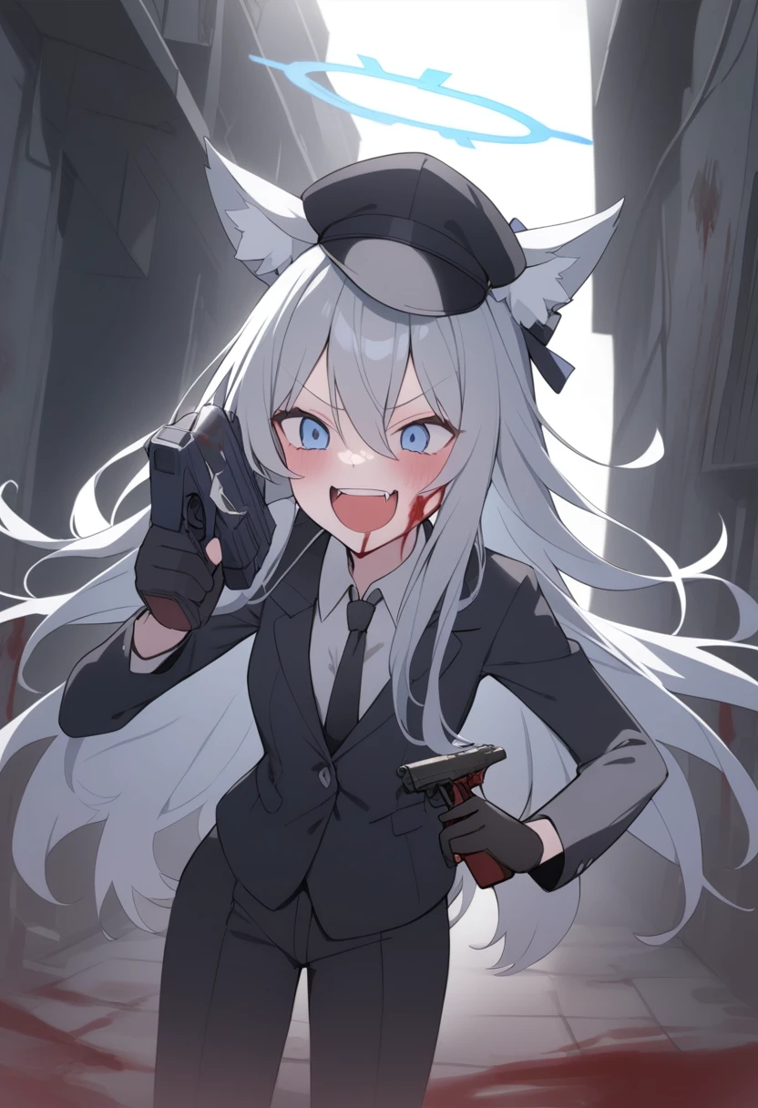 girl,Silver long hair, blue eyes, Wearing a bloody black suit,Black gloves, And bloody black pants, uninhabited alley,laughing out loud, blue halo,Black Hat,Gray wolf ears,Black Tie,With a pistol,There is a lot of blood on the body,crazy,Alone ,Blood on the face