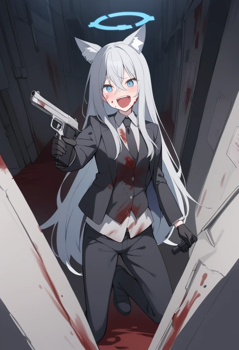 girl，Silver long hair, blue eyes, Wearing a bloody black suit,Black gloves, And bloody black pants, uninhabited alley，laughing out loud, blue halo，Black Hat，Gray wolf ears，Black Tie，With a pistol，There is a lot of blood on the body，crazy，Alone ，Blood on the face