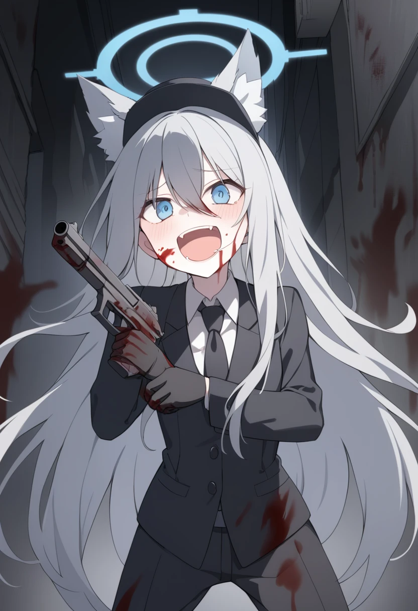 Cat Girl,was hairy,shaggy,Skin fur,White fur,Forelimb hands,hair splayed out,White ears,White face fur,White hair, hair splayed out, Shiny hair,Hairline, low twintails,Blue eyes,Super cute face,Empty eyes,Crazy smile, Fangs,Flower hair ornaments on the other side,White dress,Ambient light,Ultra-fine fur,Fluffy white tail,volumettic light,dashed eyes, bangs, ultra high def, 巨作, Super detail,Night,Under the rain,In the rain,Drizzle,Wet with rain,rainy outside,The magic of blood,Ruins background,blood, blood_On_clothes, blood_On_Hands, blood_On_arma, blood_Flying splashes, blood_stain,Single。