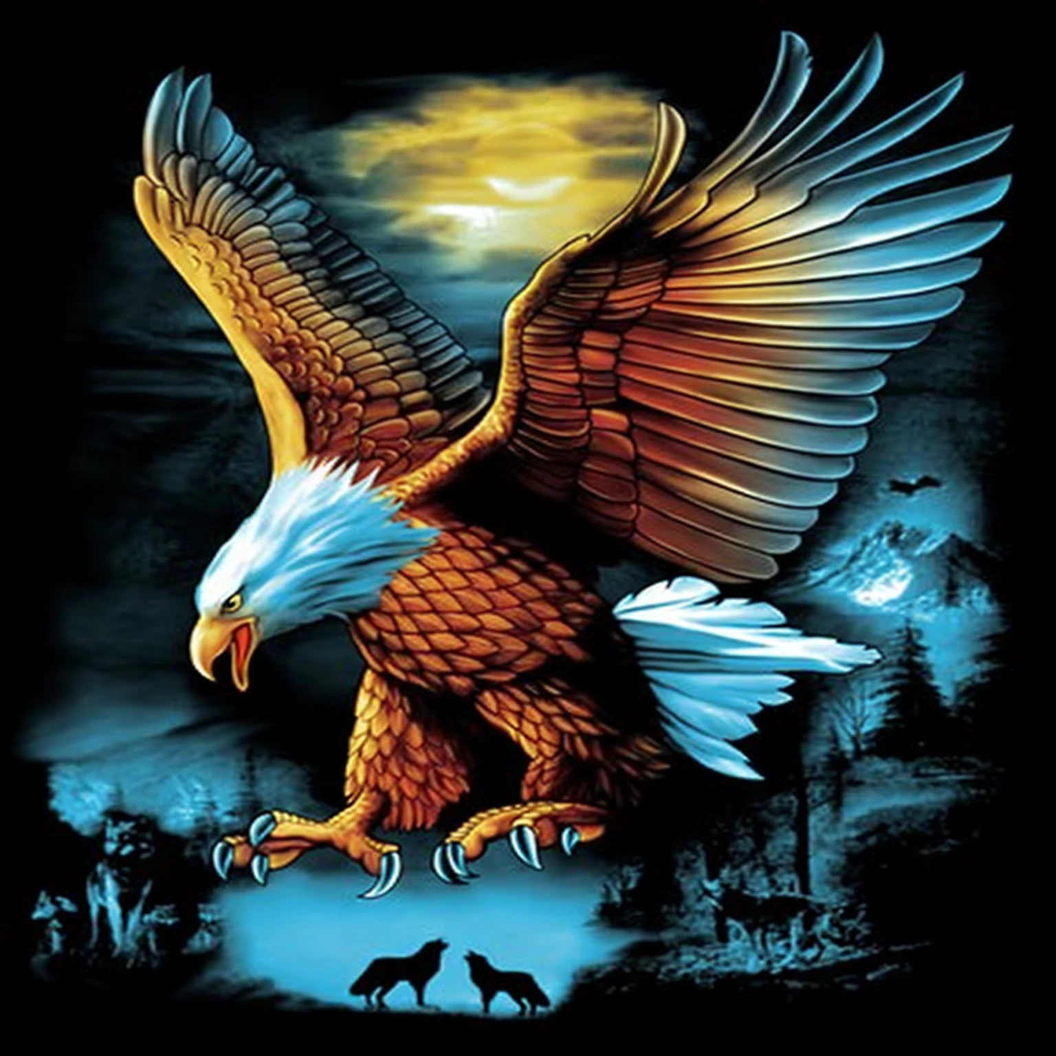 a painting of an eagle flying over a forest with a wolf, an eagle, eagle wings, eagle, a full-color airbrushed, an eagle flying, with an eagle emblem, by Joe Jusko, inspired by Joe Jusko, eagles, inspired by Alex Horley, eagle logo, by Ron Walotsky, by Alex Horley-Orlandelli