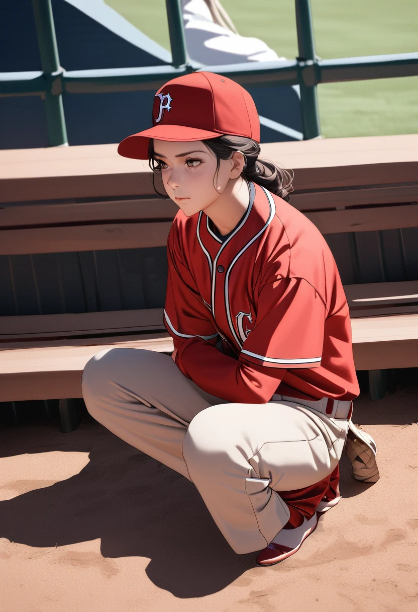 RAWphotograph、Highest quality、ultra High resolution、High resolution、masterpiece:1.3、Arabian woman sitting on a bench at an MLB baseball stadium, A trout is sticking out of his pants, looking sad, sad look, Feel free to sit, Kneel, 流出したphotograph, photograph提供: AP, sad!, Female Baseball Players, Kneel!!, Wearing a red rear-facing hat, メディアphotograph, photograph, actress, Jay Naylor, photograph&quot;, Lindsey Look, Red)、Ball girl&#39;s fine play、The crowd erupts in excitement at the incredible play on a foul ball！！、Fine play from the supporting cast、pretty girl、major league baseball、An excited audience、