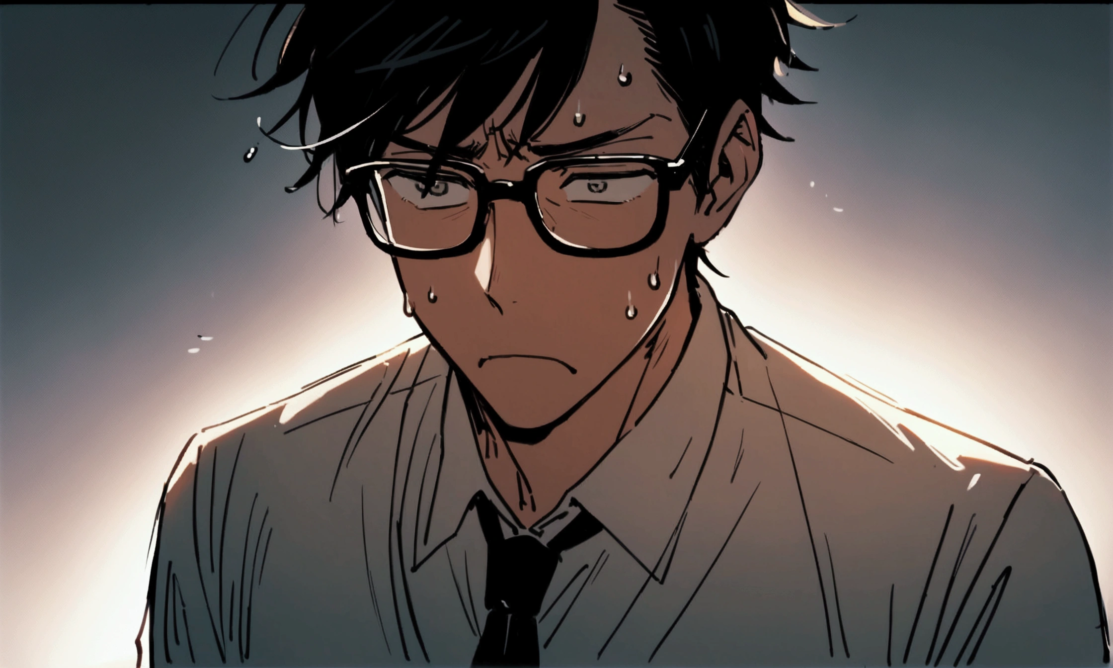 30-year-old male, Black short hair, Stern expression, Wearing a white shirt、Wearing a tie and glasses.Sweating