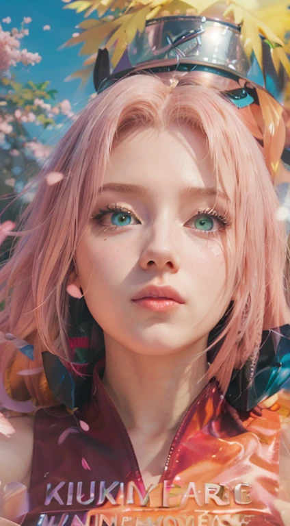 young woman, long pink hair, wide forehead, porcelain skin, pink eyebrows, big emerald green eyes, buttoned nose, thick lips, heart-shaped face, slender body, small breasts, pink leather dress, Sakura Haruno, realistic, realism black details 3d