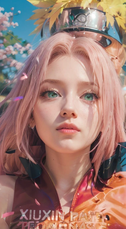 young woman, long pink hair, wide forehead, porcelain skin, pink eyebrows, big emerald green eyes, buttoned nose, thick lips, heart-shaped face, slender body, small breasts, pink leather dress, Sakura Haruno, realistic, realism black details 3d
