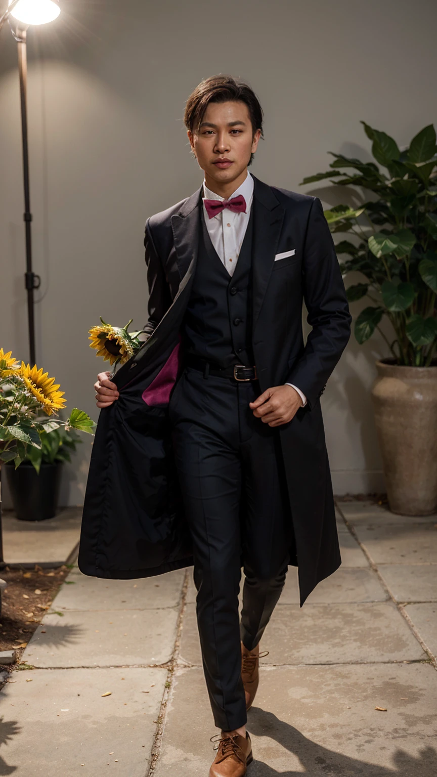 Indochine asian man wearing magenta tuxedo style vintage fashion evening long tail and oval shape tail coat suit, wearing cummerbund belt accessorie for suit, light skin, chubby anatomy body muscular, golden hour light, stand next to sunflowers vase made by glass, minimalist, minimalism, surrealism, rim light, light flare around body, style from Levi's brand style shoulder fashion, minimal, shaped oval tails, chubby body, cummerbund belt, chubby anatomy, shrimp tails coat, collar lapel black, long tail coat, shrimp tail coat, formal dresses 