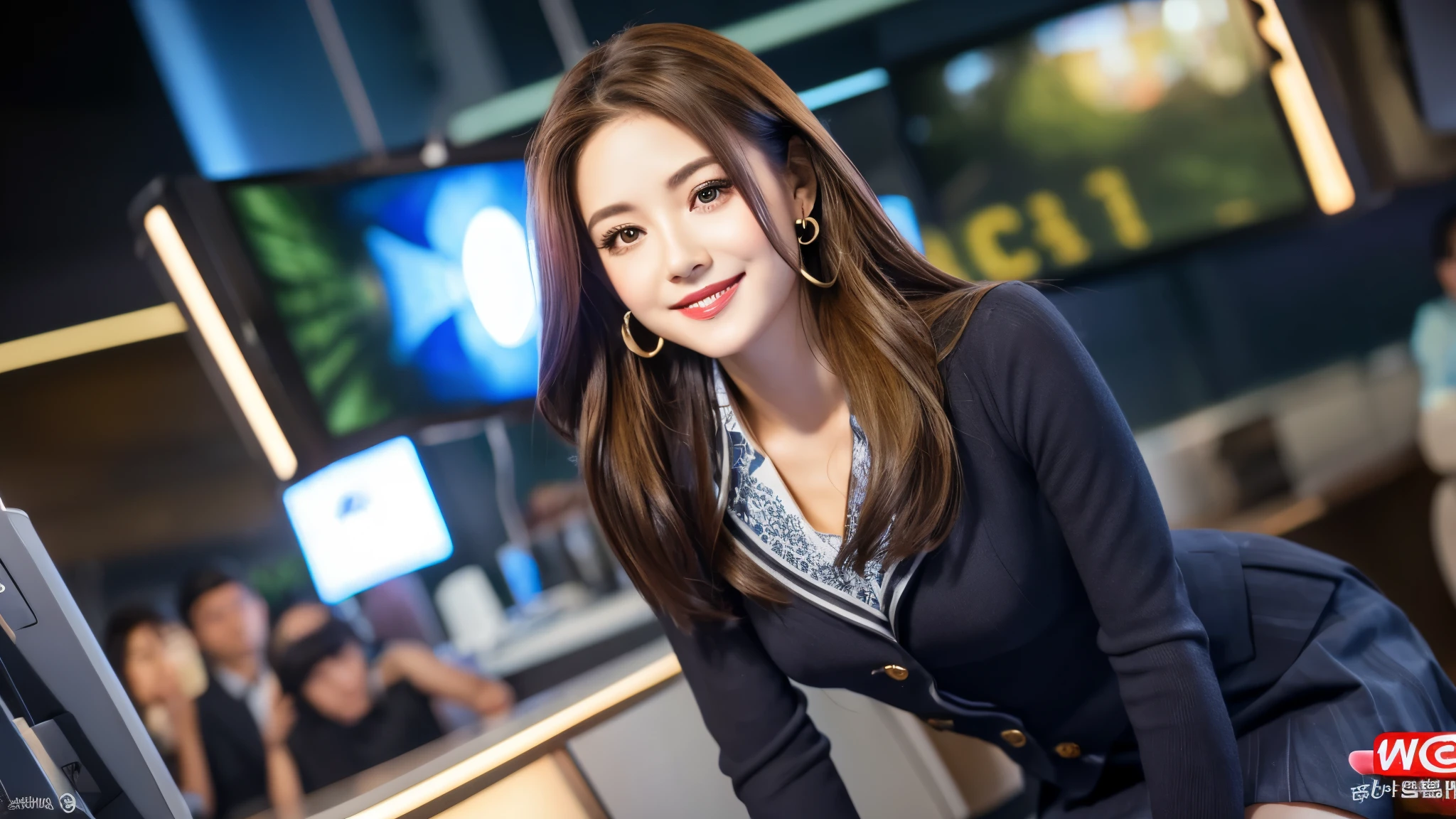 one person、female newscaster、young、beautiful、Female announcer、Shaped face contour、Long Hair、Brown Hair、Fine iris、Elegant、Sexy face、Glowing Skin、Juicy lips、An open, seductive smile、Thick eyelasheodel Body Type、Earrings、black stockings、blush、suit、Tight mini skirt、Perfect lighting、Perfect Shadow、Perfect Anatomy(((masterpiece))), ((highest quality)), ((Super detailed)), (CG illustration), (Very wicked and beautiful)), (Cute Desktop Face)