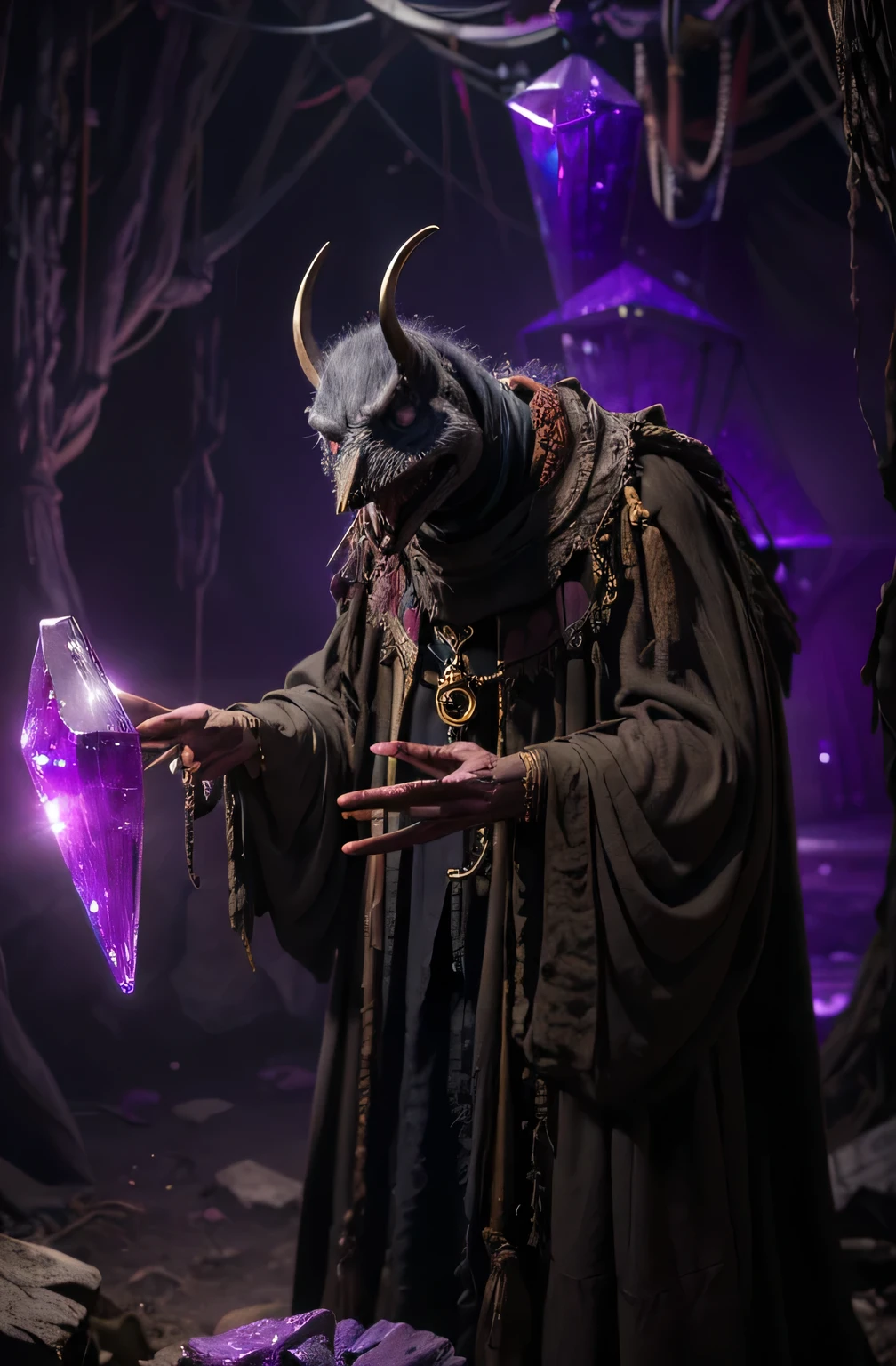 Skecil, Dark Skeksis Lord、A hunched old man in a dark tattered robe, Caving, Attenuation, A large purple crystal in a fantasy room, ((Wearing a monocle)), 