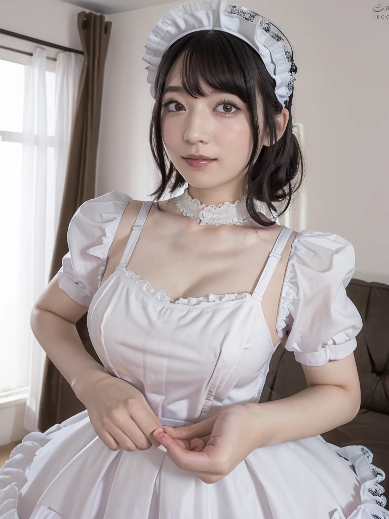 (Highest quality:1.9)、(High resolution)、Live-action image quality、((20-year-old woman、1 person))、Soft lighting by a professional photographer、Natural light、((Very spacious white luxurious room:1.6))、((Bright white room:1.6))、(Standing in front of a very luxurious white bed:1.2)、(White bookshelf background:1.1)、Natural soft light、((Black Hair Color:1.1))、Fair skin、Detailed Eyes、double eyelid、Slightly puffy cheeks、((Small Face:1.0))、(Black lace frilly maid outfit:1.5)、(black maid_cosplay:1.5), (breasts, puffy short sleeves, puffy sleeves, short sleeves, maid headdress, chain, frills, cowboy shot, large breasts, pointy hair, gloves,gothic, gothic maid)、(Cute Smile)、((Girly pose 1.8))、((Curly Hair:1.1))、((Full Body Shot:1.2))、((Height: 165cm))、Hands in front、Holding hands in front of the apron