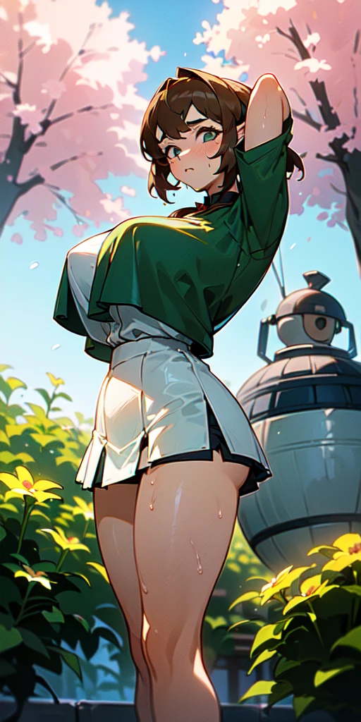 (((masterpiece, best quality, High Resolutions, 1girl, beltt, short miniskirt, Standing, outdoor, Featured, Flower ))), (link:1.5), legend of zelda, GS-womanly, bronde, Sweat, Wet, (gigantic breasts:1.2)