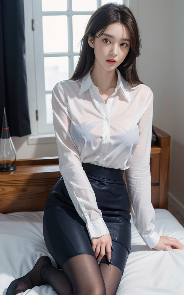 nsfw, (masterpiece), (realistic), (Highly detailed 8k), strong photo studio lighting, in the night, sitting on the bed, total body, a 20 years old gravure girl, light brown hair, brown eyes, slender, slender arms, big breasts, BREAK (white and gray theme:1.3), (wearing a white collared-shirt:1.4), BREAK (tight dark navy pencil skirt:1.5), (sheer dark navy pantyhose:1.3), opened legs, no bra, no pan, pubic hair, pointy breasts, erected nipples, (sow off pussy),