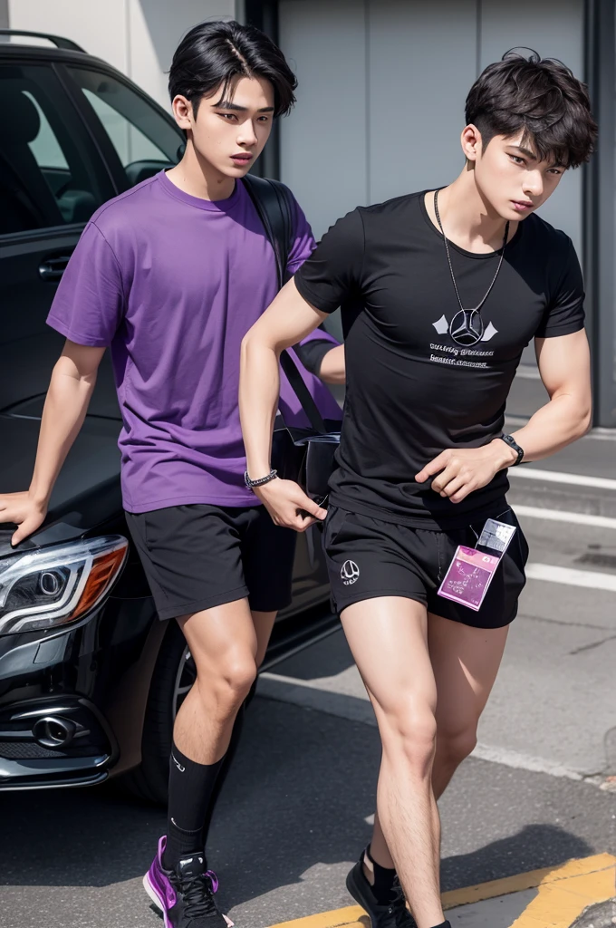 A young man in black shorts with a purple shirt that says vuon card seeing a red Mercedes Benz
