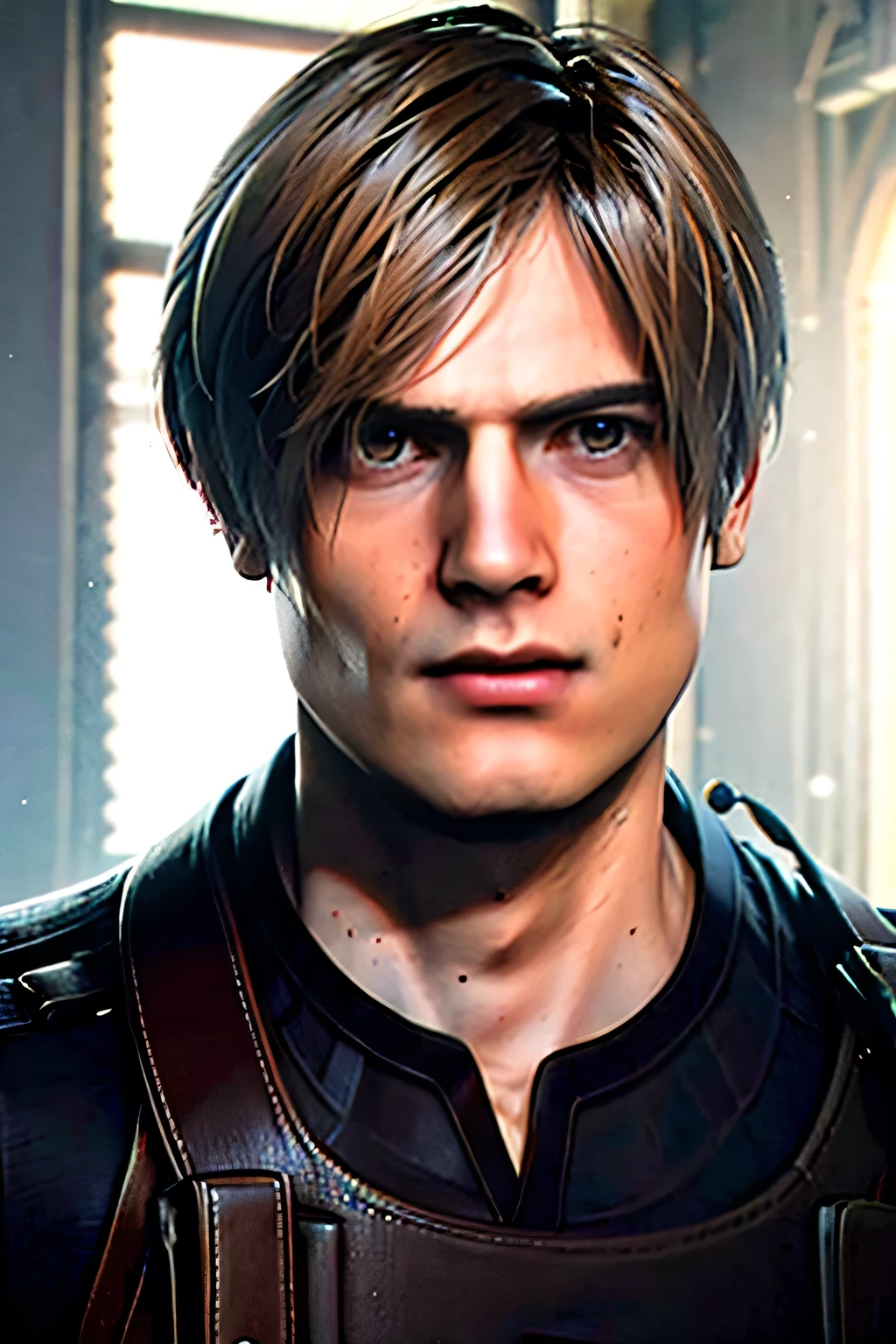 1 man, young man, 27 years old, Leon S. Kennedy from the movie "Resident Evil 4",Dark brown hair, Curtain hairstyle, sleek suit, leather gloves, lying on the bed, camera looking down, sporty, volumetric lighting, depth of field