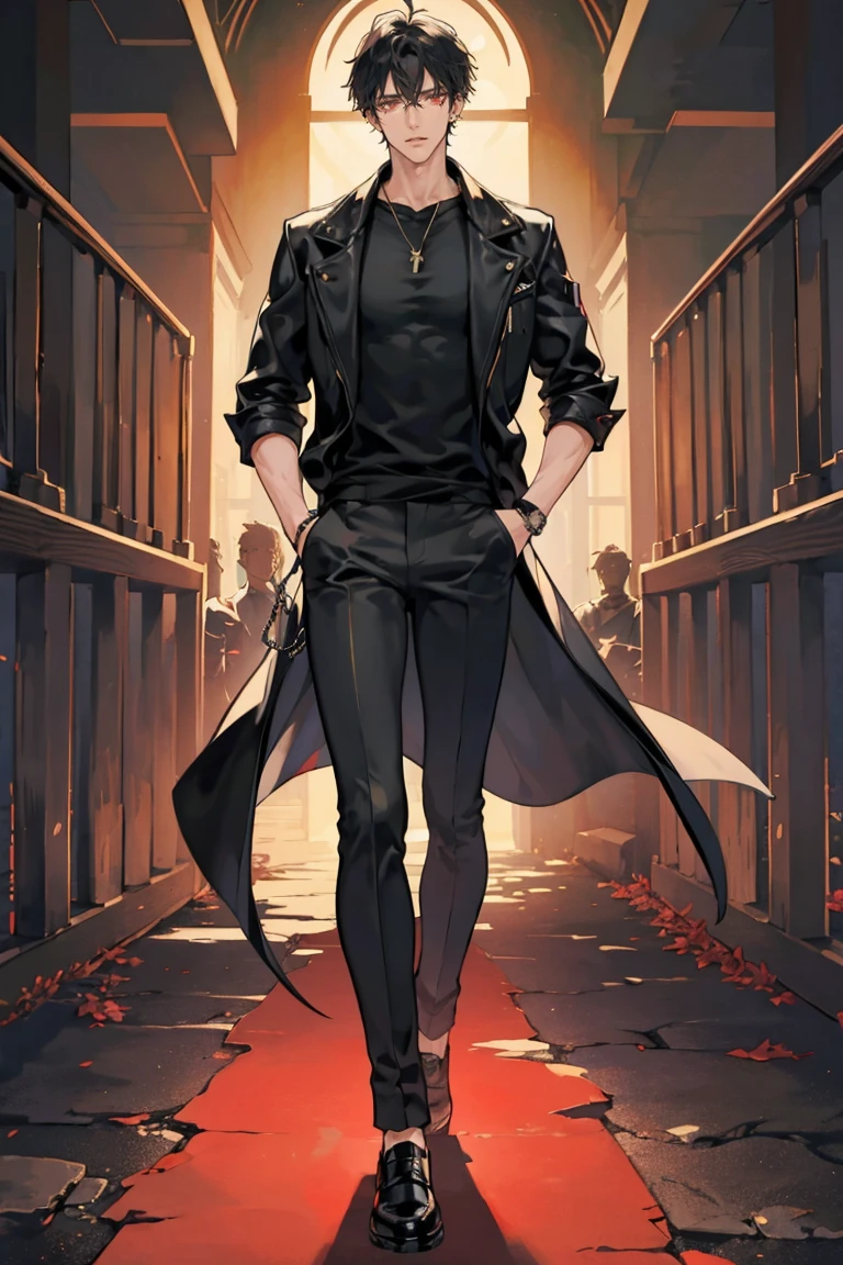 anime - (masterpiece), best quality, seductive eyes, perfect face, handsome man, red eyes, short messy black hair, long nose, tan brown skin, plain black t-shirt, black leather jacket, black pants, silver watch, black glasses, extremely tall man, long legs, long calves, full body, tall man, long legs, anime cover, 1boy, ear piercings, hands in pockets, adult-like look, bad boy