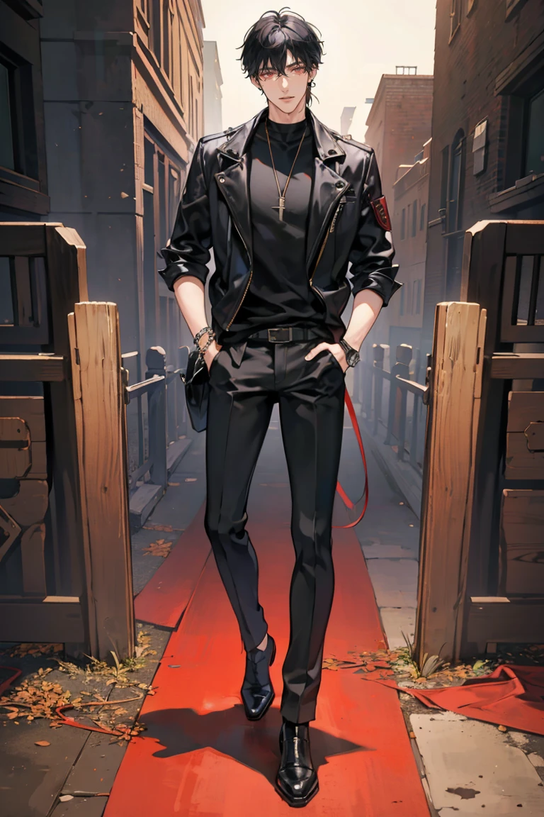 anime - (masterpiece), best quality, seductive eyes, perfect face, handsome man, red eyes, short messy black hair, long nose, tan brown skin, plain black t-shirt, black leather jacket, black pants, silver watch, black glasses, extremely tall man, long legs, long calves, full body, tall man, long legs, anime cover, 1boy, ear piercings, hands in pockets, adult-like look, bad boy
