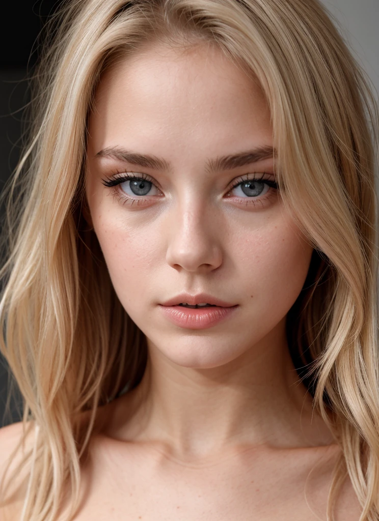 Fille de face francaise, blonde de 23 ans avec un regard provocateur sexy dans un visage fin, très sexy