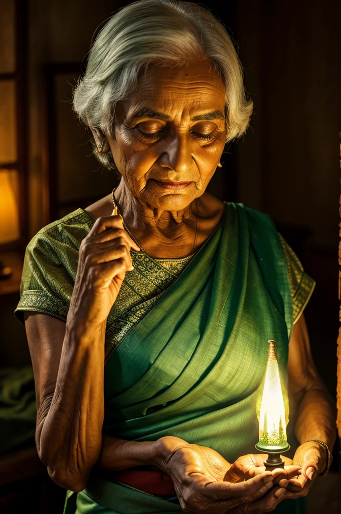 An elderly woman in a green sari holds a lit clay lamp in her hands.