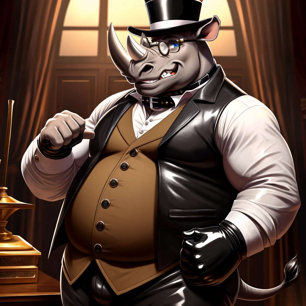 Solo, Male, fat, extremely obese, gentleman, dapper Professor Rhinoceros, blue eyes, (posing:1.3), (soft shading), 4k, hi res, ((detailed face, detailed)), looking at viewer, mouth wide open, steampunk, collared shirt with buttons, top hat, male focus, Explorer Outfit, glasses, monocle, vest with buttons, sleeves rolled up, round eyewear, brown headwear, brown vest, Rhinoceros is wearing a glossy leather dog collar around the neck, Rhinoceros is wearing the leather collar and shirt and vest at the same time, Rhinoceros is wearing glossy white rubber gloves on the hands, wearing white rubber gloves on the feet, gloves are rubber in texture, clenching teeth, clenching fists, leather collar is glossy and shiny with a lot of detail, Rhinoceros is wearing gloves and leather collar at the same time, leather collar has a round dog-tag, leather collar is thick and detailed, leather collar is glossy and shiny, fancy clothing, dapper vest, dapper shirt, leather collar is thick.