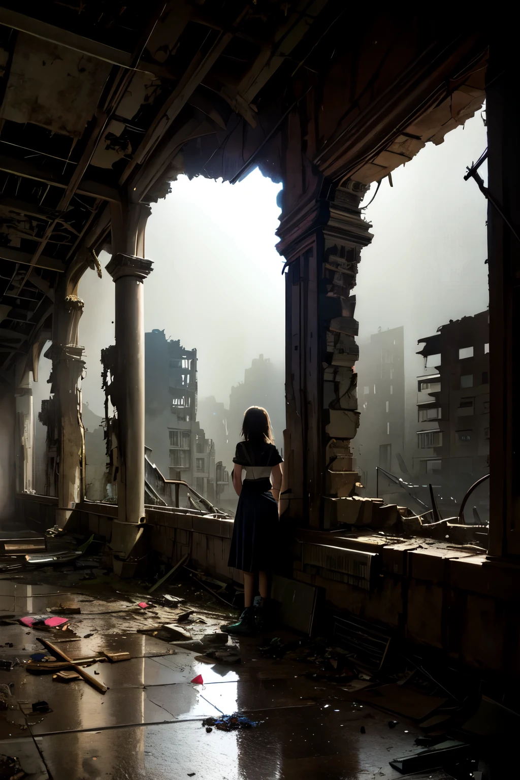 three girls explore ruins, ruin seekers, explore abandoned buildings, detailed interior with debris and broken windows, dark and gritty atmosphere, cinematic lighting, moody colors, beam of light, specks of dust, dramatic shadows, realistic textures, worn surfaces, dilapidated architecture, sense of isolation and decay, high quality, photorealistic and cinematic style