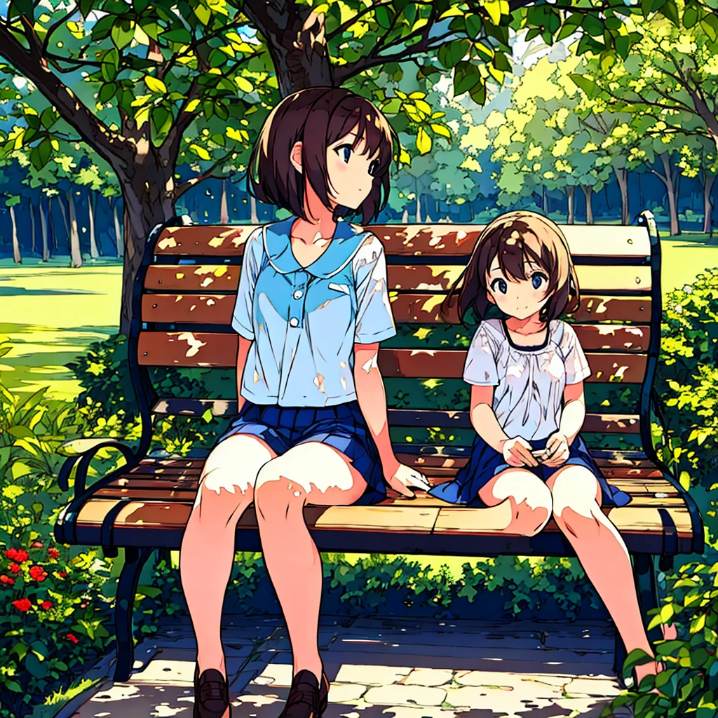 masterpiece, best quality, 2girls, , petite, slim, flat chest, school shirt, white panties, sitting by a forest lake, picnic, lunch, smile, summer, warm, soft light, bright, watercolor