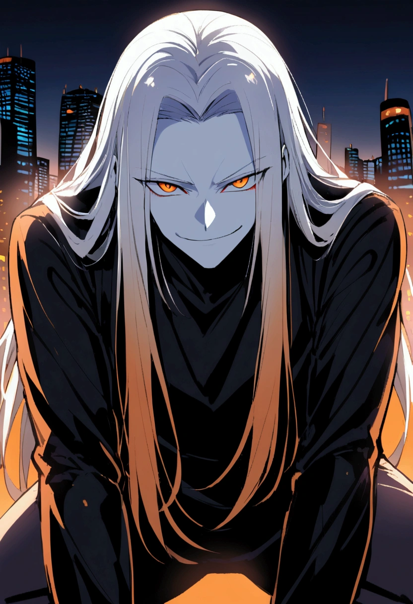 1man with white hair, white skin and black and orange eyes.in black shirt. Upper body fours, smirks, stand. Long hair. Night city on background,