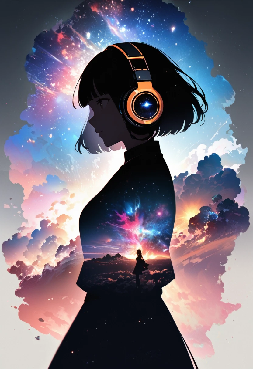 Profile of a woman silhouette.(Super Short Hair:1.3), Blunt bangs, (Headphones:1.3), Inside the silhouette you can see the Double exposure with a universe, Deep Universe, Supernova explosion, masterpiece, ((Double exposure)), Proportional.,Double exposure