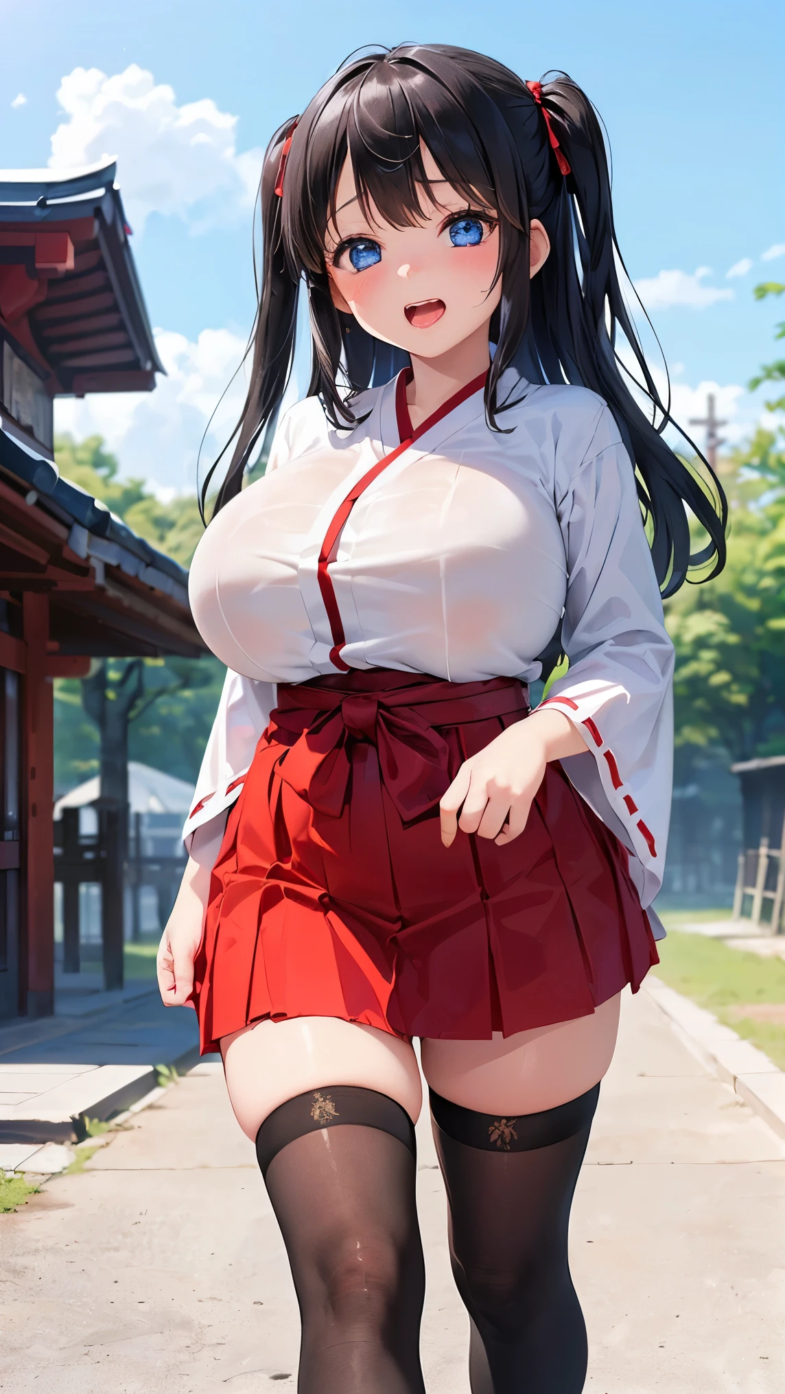 best quality,1girl,((big breasts:1.5)),((((loli,10 years old,,little girl:1.3)))),curvy,orgasm,ahegao,blush,blue eyes,black hair,long hair,((two side up:1.1)),((miko,red hakama,mini skirt,thighhighs:1.1)),((walking)),see through,shrine,shrine