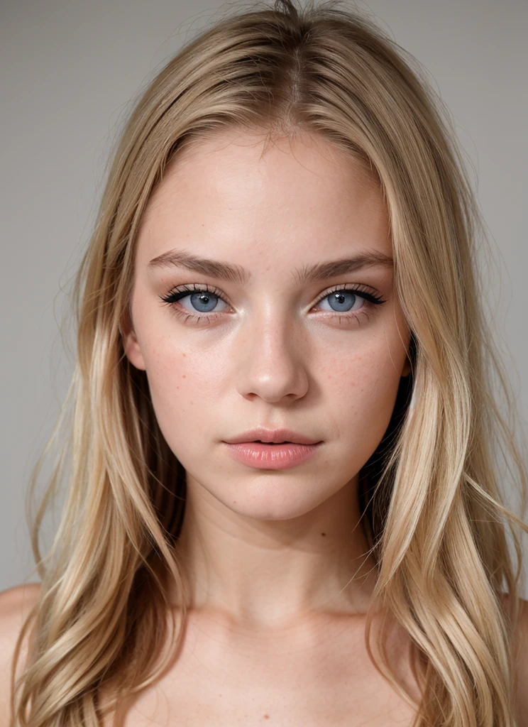 Fille de face francaise, blonde de 23 ans avec un regard provocateur sexy dans un visage fin et les lévres pulpeuses, très sexy