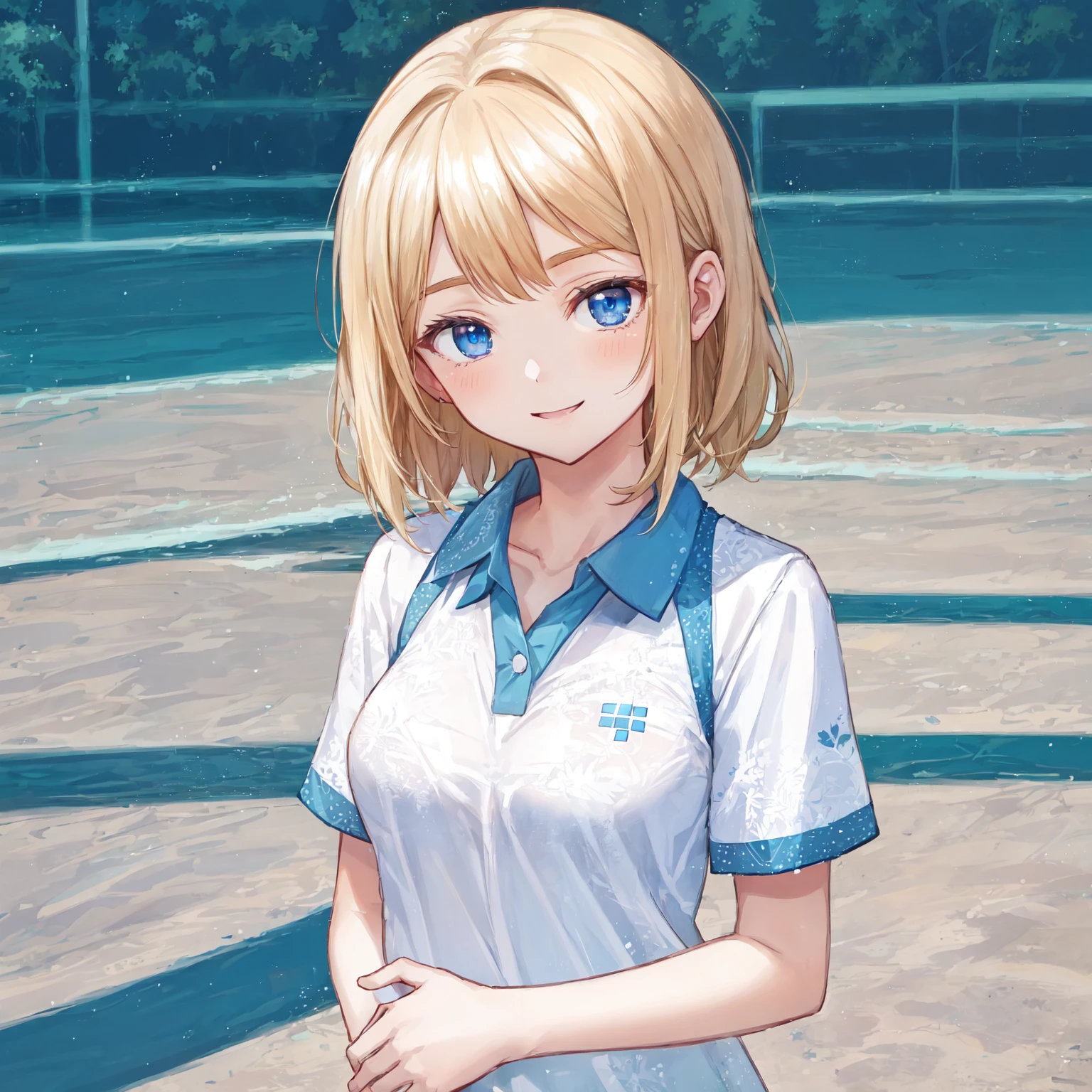 smile,look away,テニスウェア,peace,テニスコート,フォトリアル1;4,shoulder length blond hair, {{beautiful medium size breasts 1:4}},{{girl}},top quality,cute girl,high quality background, slanted eyes, detailed shirt chest wrinkles,BREAK, {{beautiful blue eye1:4}}, BREAK, five fingers