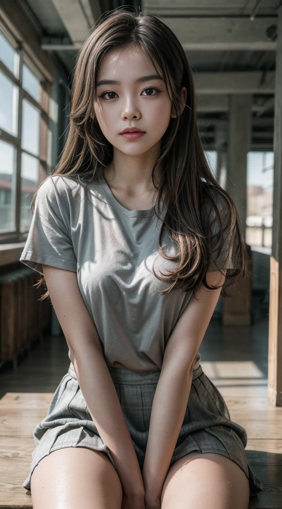 Beautiful young Margaret Qualley, The Last of Us, game, glasses, white shirt, tight shirt, wearing a nice top, large neckline, wearing simple tight clothes, leggings, hyperrealistic, 14 years old, model's body, small breasts, beautiful breasts, long hair, layered hairstyle, blonde hair, long legs, 8k, in front of lake, cherry blossom, sunlight, led lighting, blood on wall, pool of blood, full of human remains, detailed reflection , anime style