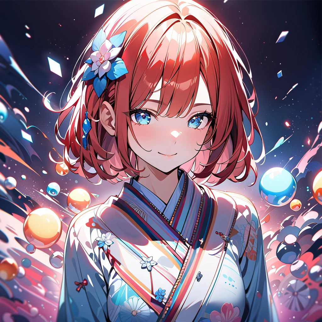 1 girl,Redhead Bob Cut、Long Bangs、Blue Eyes、light blue floral kimono 、smile、From the front towards you、profile,In 8K, Surreal, Lens flare,A fun atmosphere, Shine, In detail, complicated, Many colors, Bright lighting,Bright Face、Trending on Art Station,, Surreal,, Extremely detailed, Unreal Engine 5, masterpiece, Highest quality、Upper Body