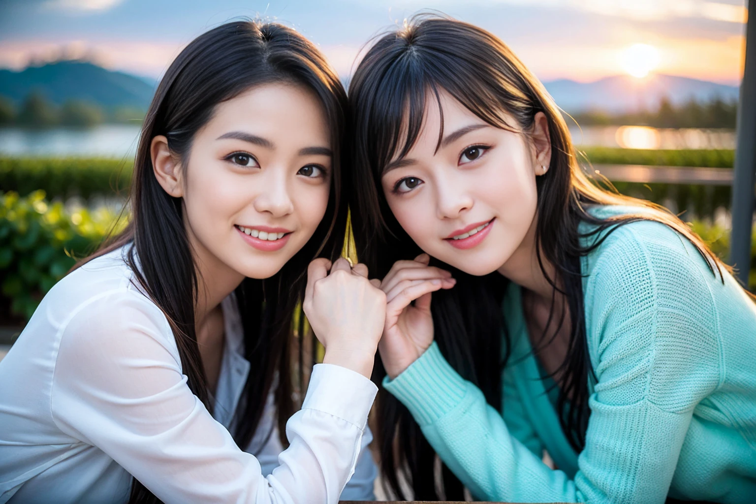 ((Highest quality、、masterpiece:1.3))、1 male、1 female,44 years old 39 years old、Shine the light on my face、Slim Beauty、Beautiful couple、Upper Body、smile、 (Slim face), (the body is スリム), (Brown Hair), (Shortcuts), テーブルのフルコースディナーとwine glass、Amazing view of the sunset sky and clouds、smileの美しさ、Wine bottle、sparkling wine、Long sleeve shirt、dress、White wine, red wine, wine glass, Beautiful fine grain, Depth f/2,saturation, High Contrast, Strong light and shadow,Moist Body:1.5、 texture、The hair is very shiny、