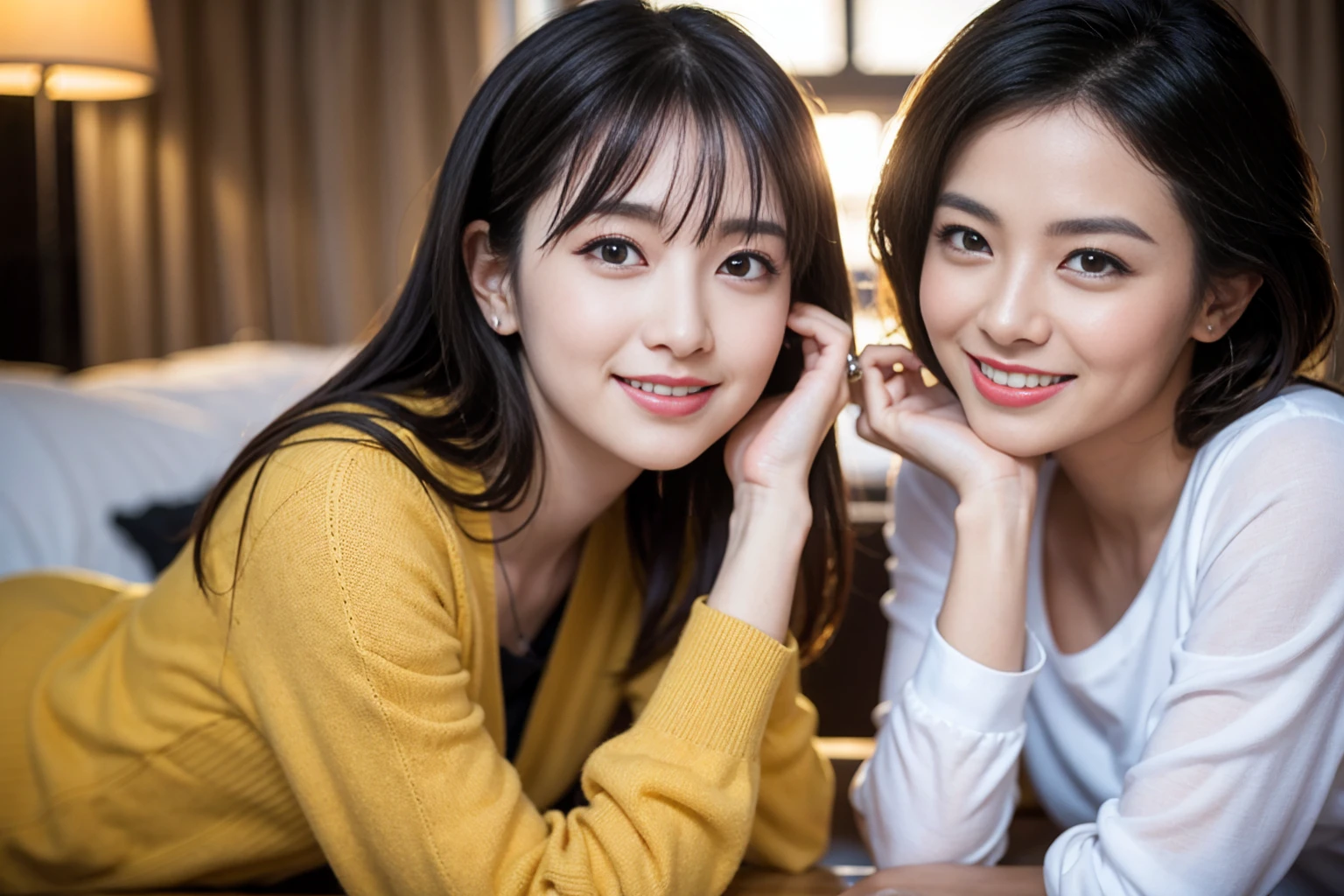 ((Highest quality、、masterpiece:1.3))、1 male、1 female,44 years old 39 years old、Shine the light on my face、Slim Beauty、Beautiful couple、Upper Body、smile、 (Slim face), (the body is スリム), (Brown Hair), (Shortcuts), テーブルのフルコースディナーとwine glass、Amazing view of the sunset sky and clouds、smileの美しさ、Wine bottle、sparkling wine、Long sleeve shirt、dress、White wine, red wine, wine glass, Beautiful fine grain, Depth f/2,saturation, High Contrast, Strong light and shadow,Moist Body:1.5、 texture、The hair is very shiny、