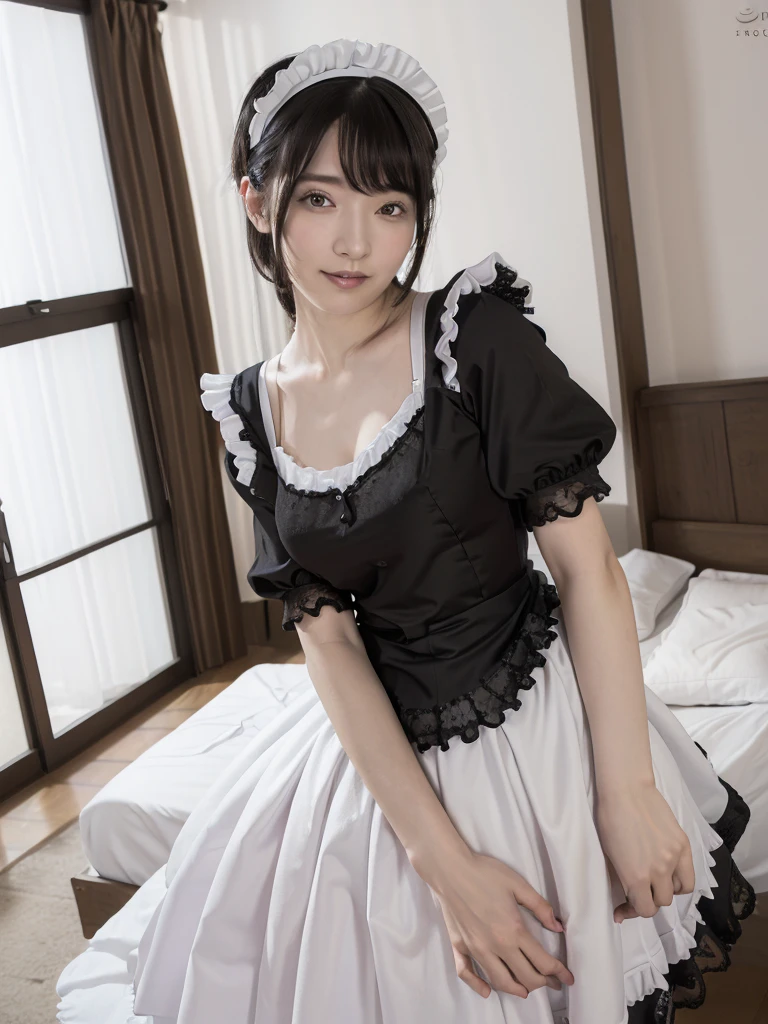 (Highest quality:1.9)、(High resolution)、Live-action image quality、((20-year-old woman、1 person))、Soft lighting by a professional photographer、Natural light、((Very spacious white luxurious room:1.6))、((Bright white room:1.6))、(Standing in front of a very luxurious white bed:1.2)、(White bookshelf background:1.1)、Natural soft light、((Black Hair Color:1.1))、Fair skin、Detailed Eyes、double eyelid、Slightly puffy cheeks、((Small Face:1.0))、(Black lace frilly maid outfit:1.5)、(black maid_cosplay:1.5), (breasts, puffy short sleeves, puffy sleeves, short sleeves, maid headdress, chain, frills, cowboy shot, large breasts, pointy hair, gloves,gothic, gothic maid)、(Cute Smile)、((Girly pose 1.8))、((Curly Hair:1.1))、((Full Body Shot:1.2))、((Height: 165cm))、Hands in front、Holding hands in front of the apron