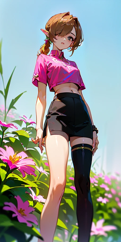 (((masterpiece, best quality, High Resolutions, 1girl, Hair over one eye, jewely, single thighhigh, midriff, black skirt, asymmetrical legwear, Pink shirt, black thighs, bronde short miniskirt, Standing, Shot cowboy, outdoor, Featured, Flower ))), (link:1.5), legend of zelda, GS-womanly