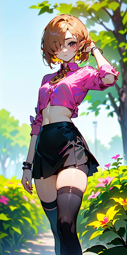 (((masterpiece, best quality, High Resolutions, 1girl, Hair over one eye, jewely, single thighhigh, midriff, black skirt, asymmetrical legwear, Pink shirt, black thighs, bronde short miniskirt, Standing, Shot cowboy, outdoor, Featured, Flower ))), (link:1.5), legend of zelda, GS-womanly
