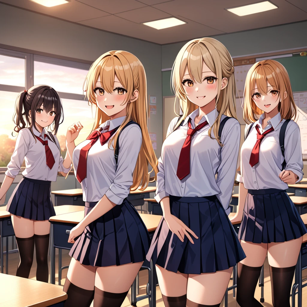 (3girls), (3 young schoolgirls) , school clothes, thigh highs, Teasing, sexy pose, putting on a show for the viewer, dynamic, classroom, dusk, (dim lighting), devious smile, light blonde, (three Sexy girl), (Masterpiece), (Best quality), (8k)