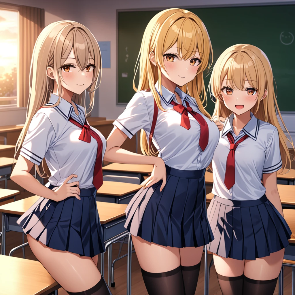 (3girls), (3 young schoolgirls) , school clothes, thigh highs, Teasing, sexy pose, putting on a show for the viewer, dynamic, classroom, dusk, (dim lighting), devious smile, light blonde, (three Sexy girl), (Masterpiece), (Best quality), (8k)