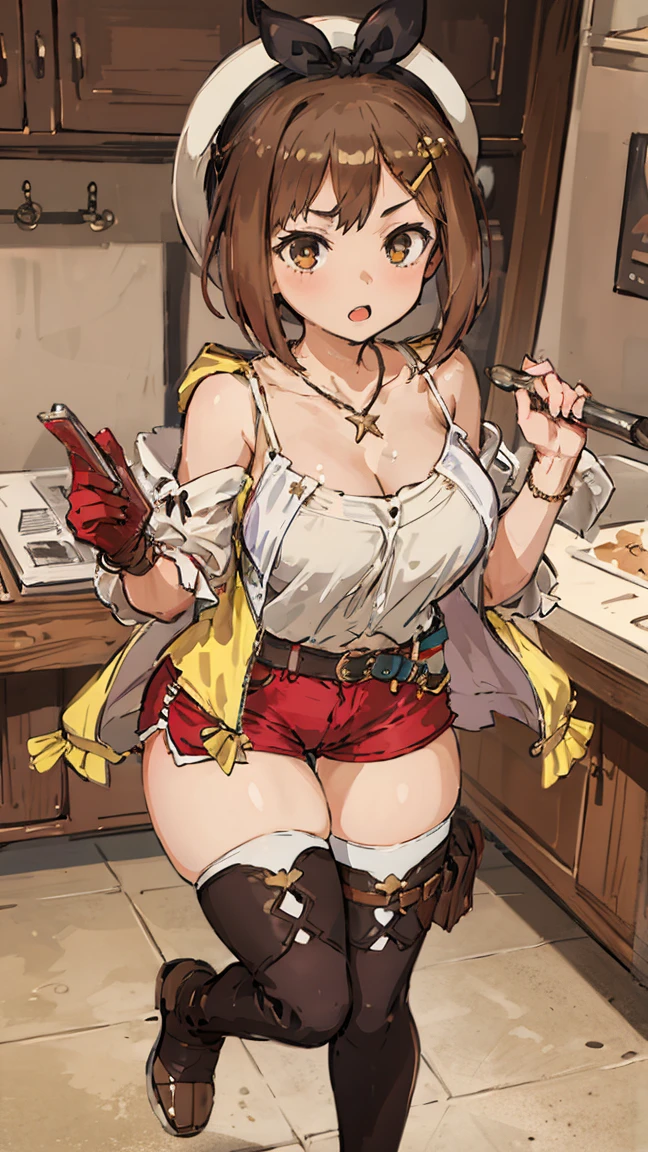 (Highest quality, 8K, masterpiece :1.3),Lizaリン・シュタウト(Lizaのアトリエ),Liza, One woman,Large Breasts,short hair,Brown Hair,hair band,Clothing,hat,White shirt,White camisole,Red shorts,Brown long boots,Full Nelson,Leg spread,nsfw,Plump body,Thighs