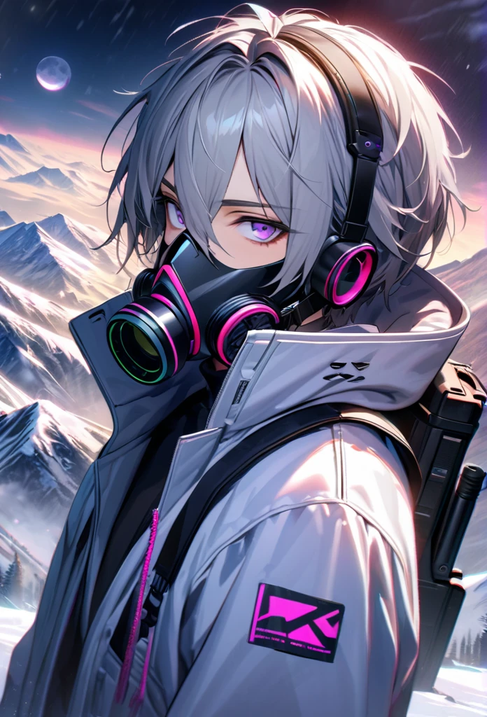 absurdres, highres, ultra detailed, HDR, master piece, best quality, extremely detailed face and eyes, gray hair with short  bangs, handsome,hair between the eyes, expressive purple eyes, solo, sexy man, handsome, 25
years old,white coat, black pants, moon, Cyber Punk,gas mask,background snow mountain,Holdings machinegun