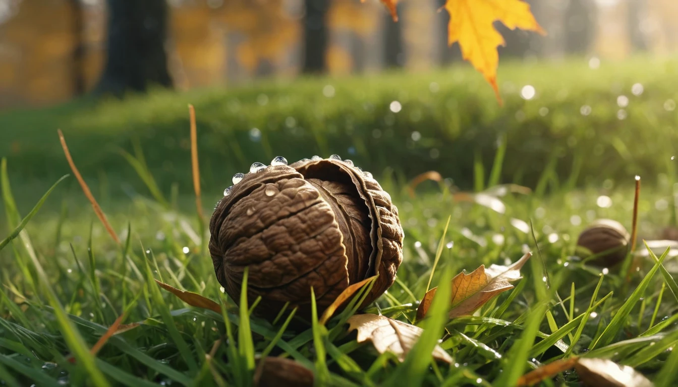 there is a walnut that is sitting on the grass, nature documentry footage, youtube video screenshot, today's featured photography 4k, autumn rain turkel, nature photography 4k, november, cinematic widescreen shot, leaves and magic, high quality screenshot, 2 0 2 1 cinematic 4 k framegrab, wide screenshot、雪が薄く積もっている