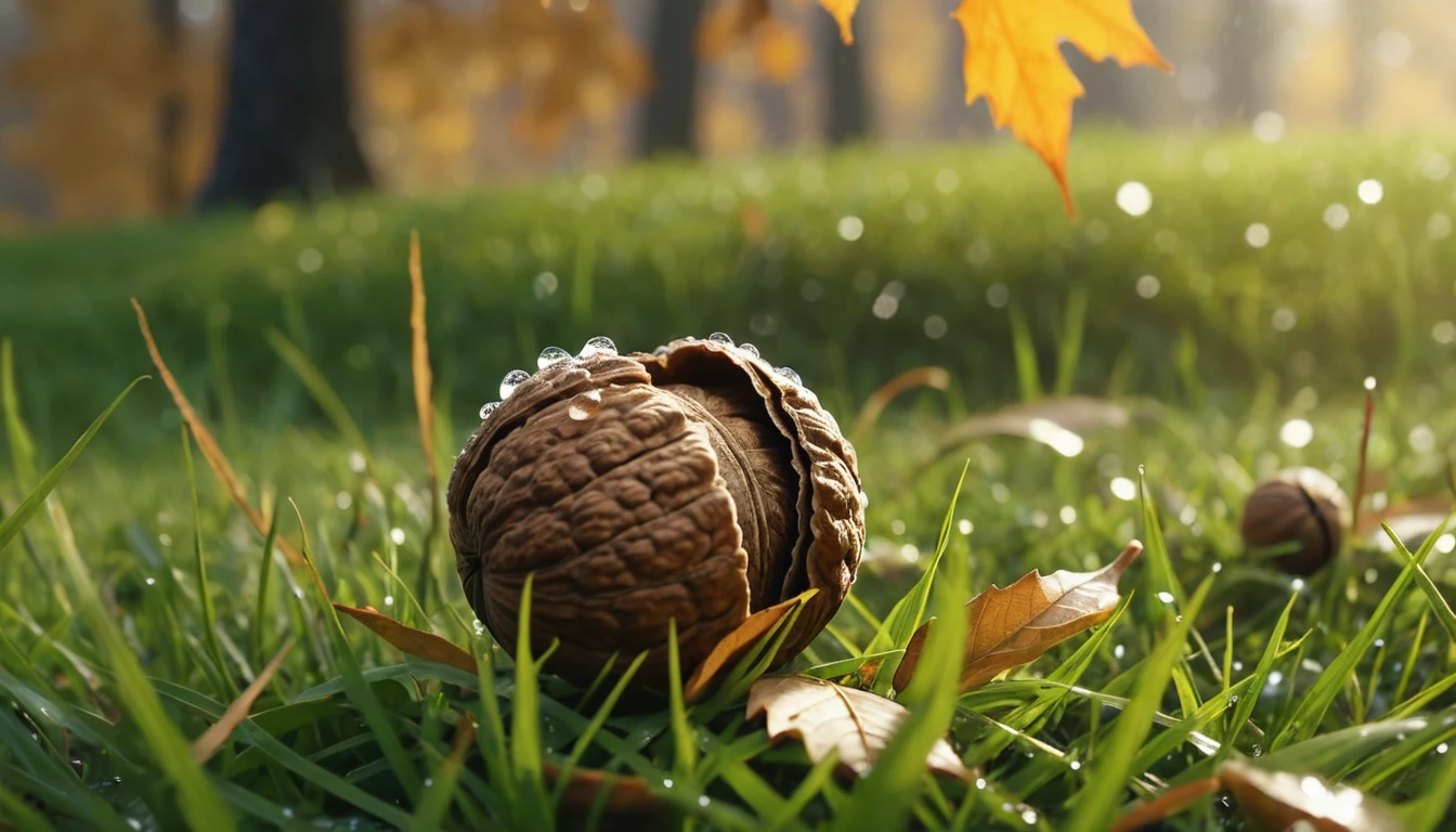 there is a walnut that is sitting on the grass, nature documentry footage, youtube video screenshot, today's featured photography 4k, autumn rain turkel, nature photography 4k, november, cinematic widescreen shot, leaves and magic, high quality screenshot, 2 0 2 1 cinematic 4 k framegrab, wide screenshot、雪が薄く積もっている