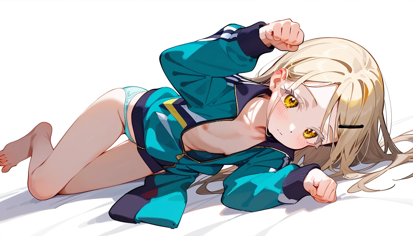 Highest quality, masterpiece, No correction, Beark,shinosawa hiro,thin,Orange eyes,White eyelashes,Blonde,Long Hair,Hair Clip,Track jacket,cute panties, Head Focus, Open shirt,flat chest,white background,lying,paw pose,blush,
